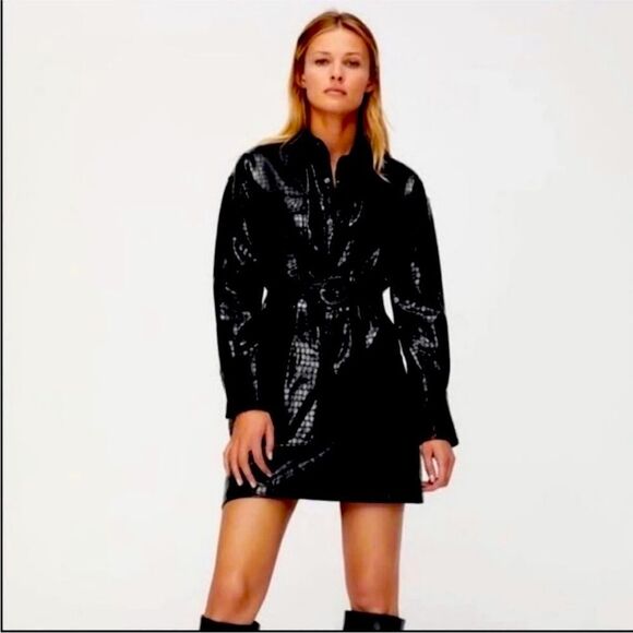 👗 Zara Textured Leather Shirt Dress -Black Oversized with Belt - NWT - Size XS - Picture 1 of 5